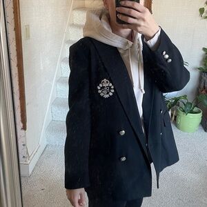 Lauren Ralph Lauren Black Wool Double Breasted Blazer with Crown Created Logo